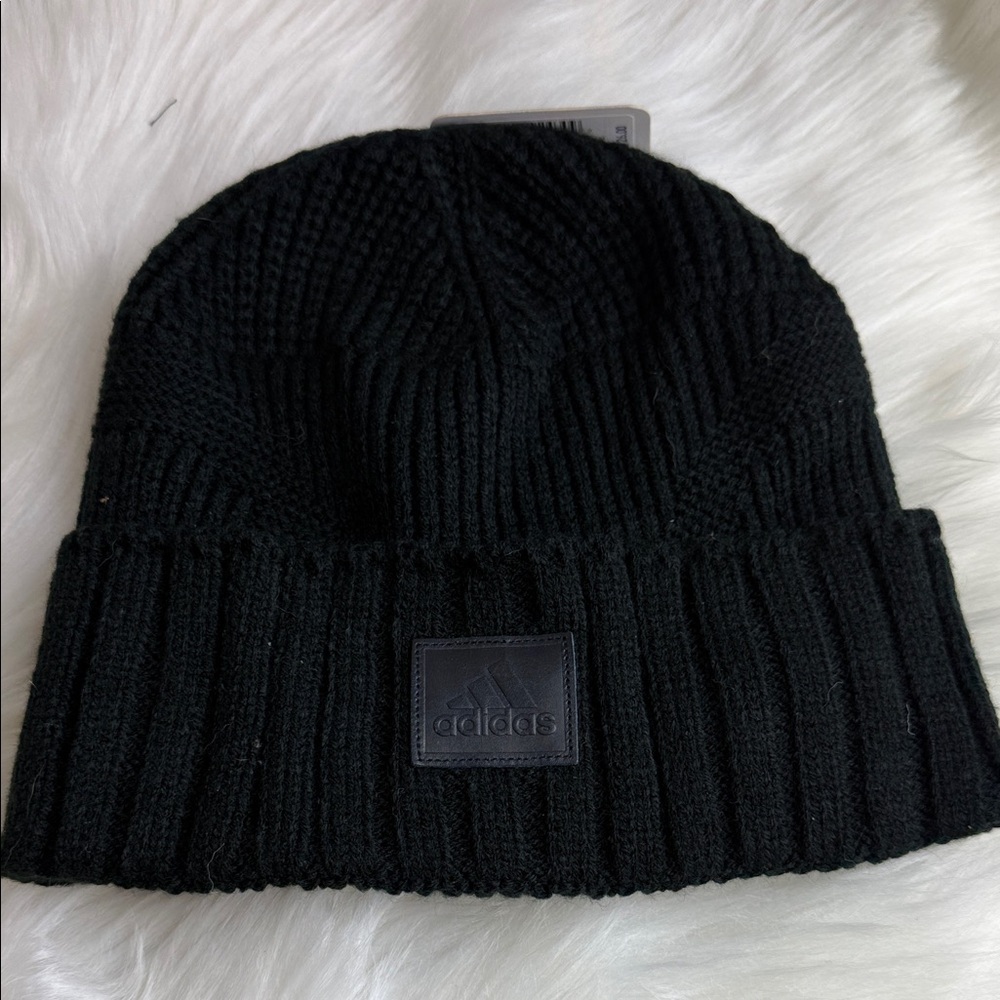 adidas Black Ribbed Knit Beanie with Logo Patch